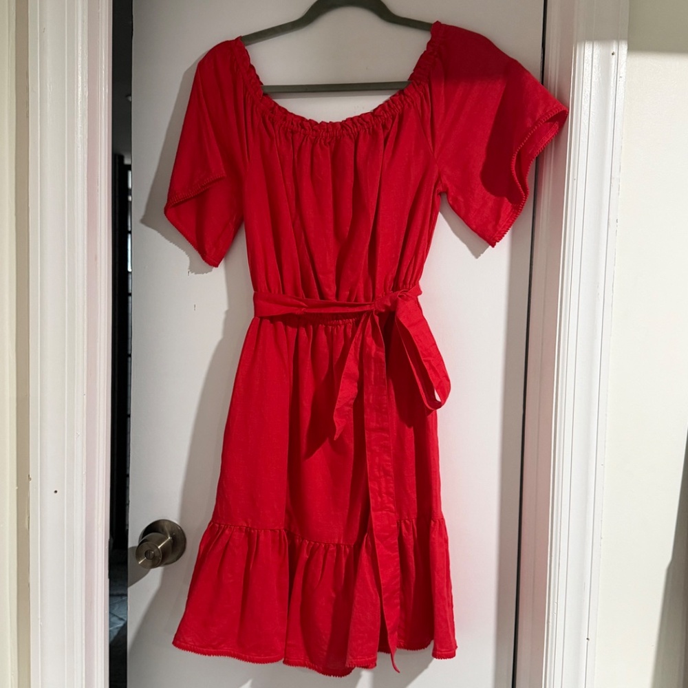 Red Linen Ruffle Dress - Picture 2 of 2